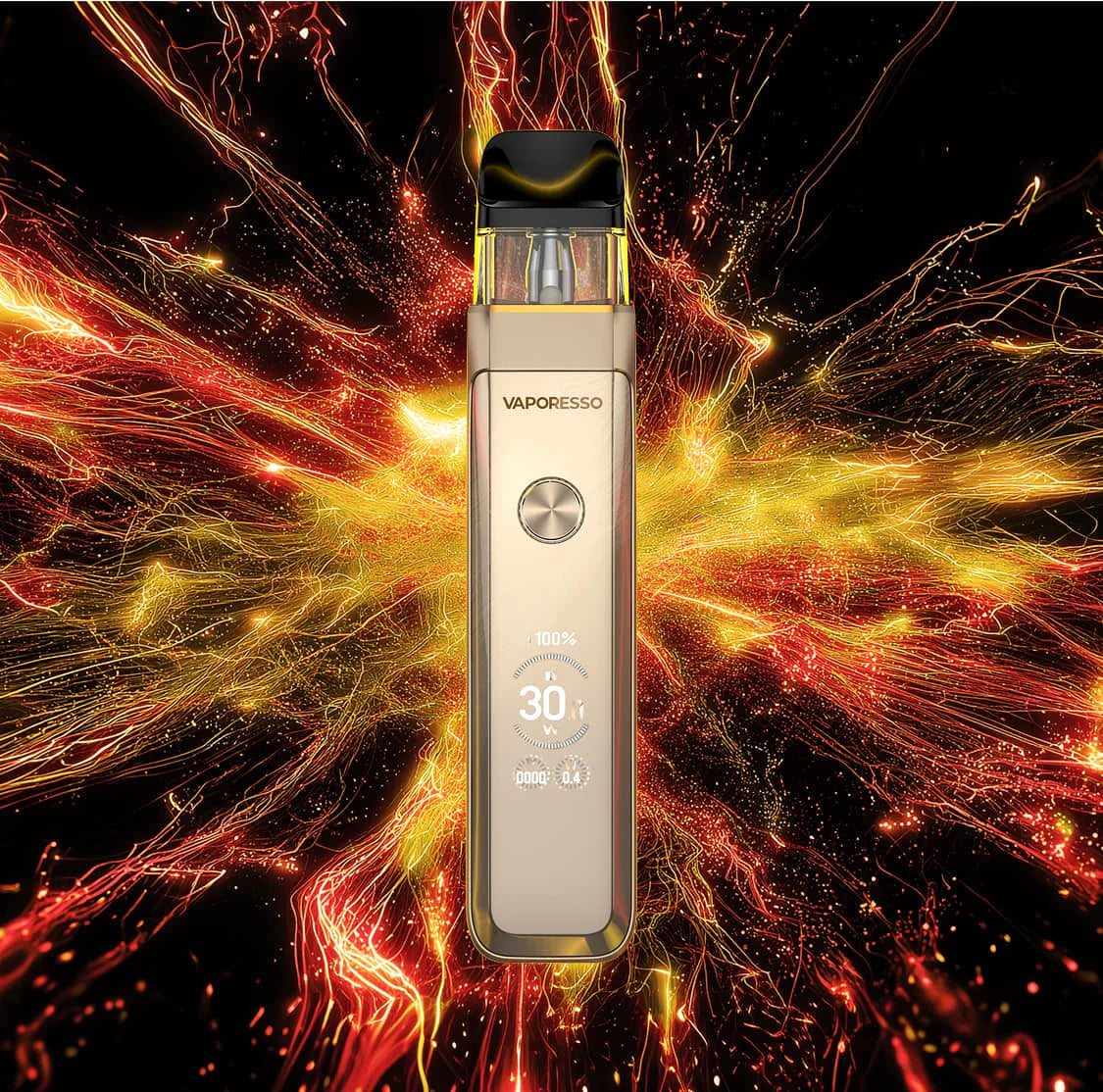Vaporesso XROS PRO 2 vape device displayed against a dynamic background of red and yellow light streaks.