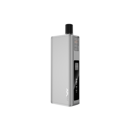 VAPORESSO APEX MTL device in silver with OLED display, showcasing power and resistance. Featuring the APEX logo.
