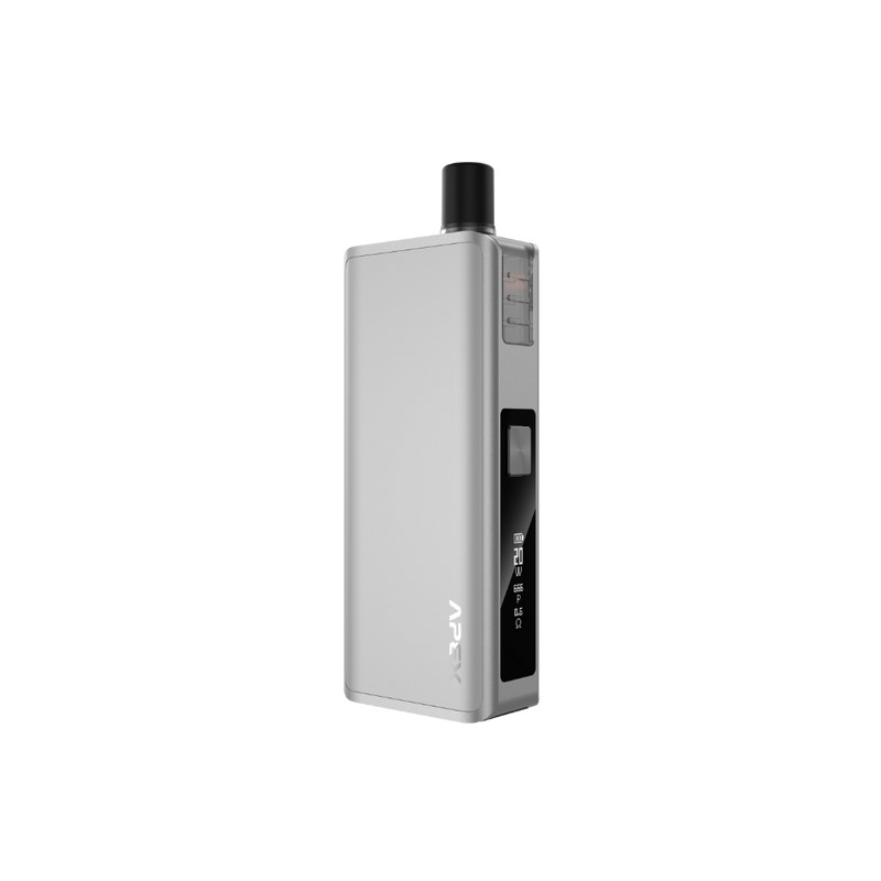 VAPORESSO APEX MTL device in silver with OLED display, showcasing power and resistance. Featuring the APEX logo.