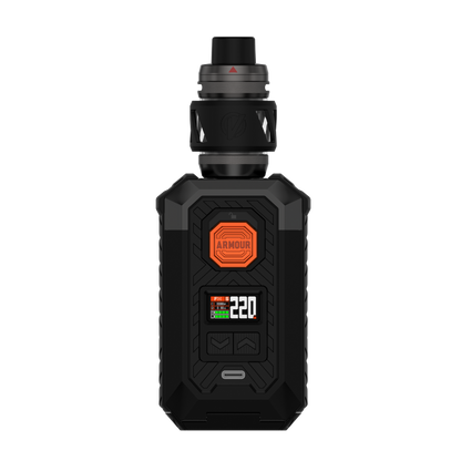 Vaporesso ARMOUR MAX (iTank T) vape mod, black and orange design, 220W output. Features include iTank T, TPU material.