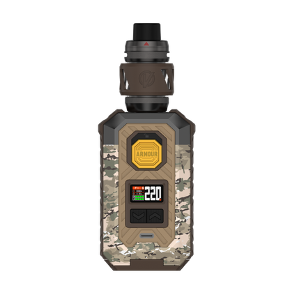 VAPORESSO ARMOUR MAX (iTank T) vape mod with camouflage design, 220W output, and iTank T.