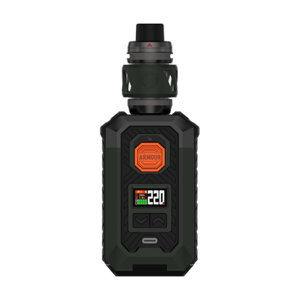 VAPORESSO ARMOUR MAX (iTank T) vape mod in dark green with digital display showing 220W output
