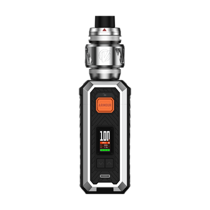 VAPORESSO ARMOUR S iTank T vape kit, black and silver design with digital display showing 100W output.