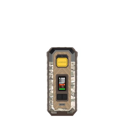 VAPORESSO ARMOUR S Mod in camouflage design, 100W output, durable design, and ARMOUR logo.