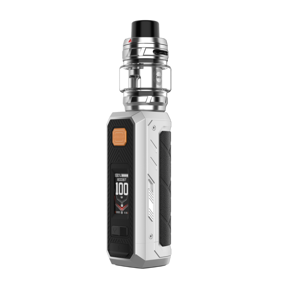 Silver and black Vaporesso ARMOUR vape mod with a digital display and a large tank.