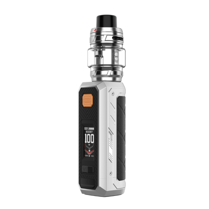 Silver and black Vaporesso ARMOUR vape mod with a digital display and a large tank.