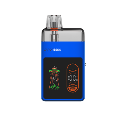 VAPORESSO ECO NANO PRO vape device in blue with alien graphic display, power indicator and wattage display.