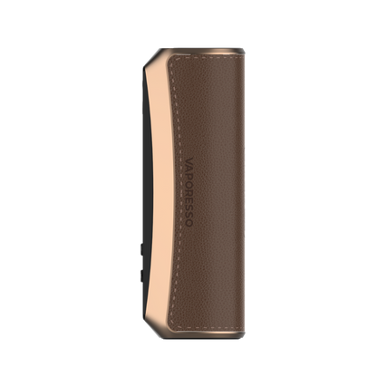 VAPORESSO GTX ONE PRO Mod with brown leatherette and gold accents. Compact vaping device.