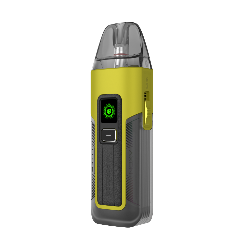 VAPORESSO LUXE X2 vape device in yellow and grey with transparent pod, AXON chip, and adjustable airflow