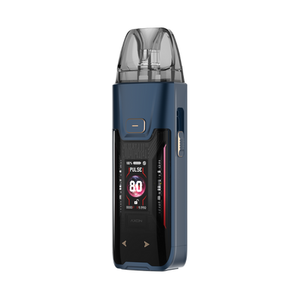 VAPORESSO LUXE XR MAX 2 pod mod in dark blue, display shows 80W output, with AXON chipset