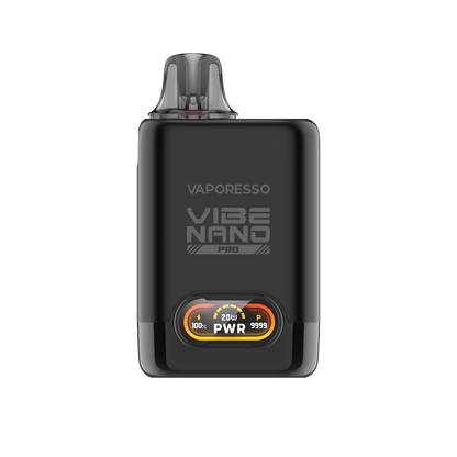 VAPORESSO VIBE NANO Pro vape device in black, showcasing power display and brand logo.