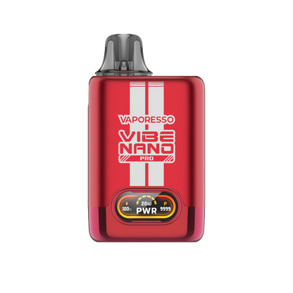 VAPORESSO VIBE NANO Pro in red, displaying power and branding, 20W output, MTL vape.