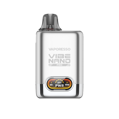 VAPORESSO VIBE NANO Pro vape device in silver, featuring power display and brand logo.