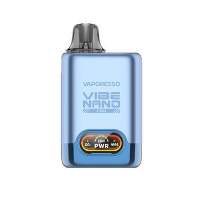 VAPORESSO VIBE NANO Pro vape device in light blue, featuring power display and branding