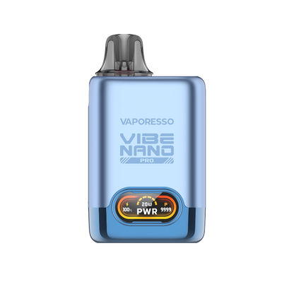 VAPORESSO VIBE NANO Pro vape device in light blue, featuring power display and branding