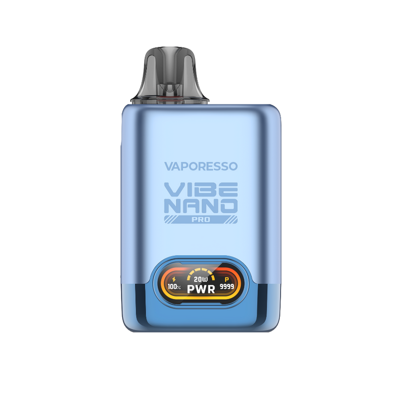 VAPORESSO VIBE NANO Pro vape device in light blue, featuring power display and branding