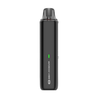 VAPORESSO VIBE SE vape device in black, featuring a sleek design and a green indicator light, perfect for MTL vaping.