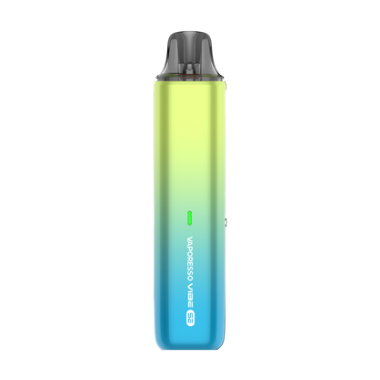 VAPORESSO VIBE SE vape device in gradient yellow-green-blue. Featuring one-button operation for MTL vaping.