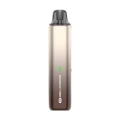 VAPORESSO VIBE SE vape device in gradient beige and brown. Features a sleek design and one-button operation.