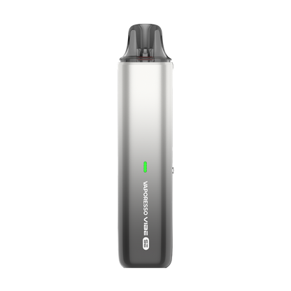 VAPORESSO VIBE SE vape device in silver and gray gradient, with a modern design and green indicator.