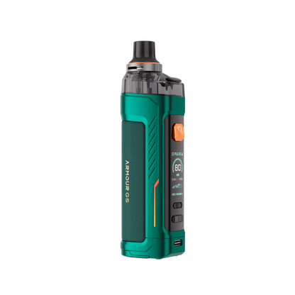 VAPORESSO ARMOUR GS Pod Mod in teal, digital display, and orange button