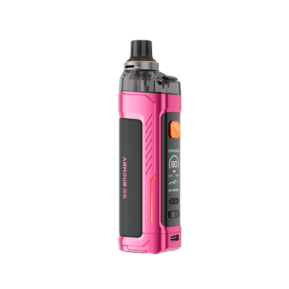VAPORESSO ARMOUR GS pod mod in pink with digital display, orange button, and textured panel