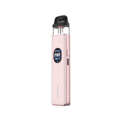 VAPORESSO XROS 5 vape device in pink, featuring a display showing PWR settings and battery life.