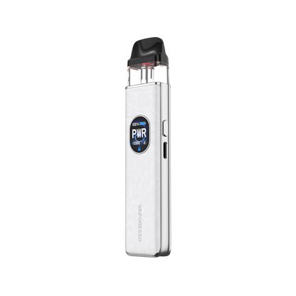 White VAPORESSO XROS 5 vape showing power settings and battery life on screen