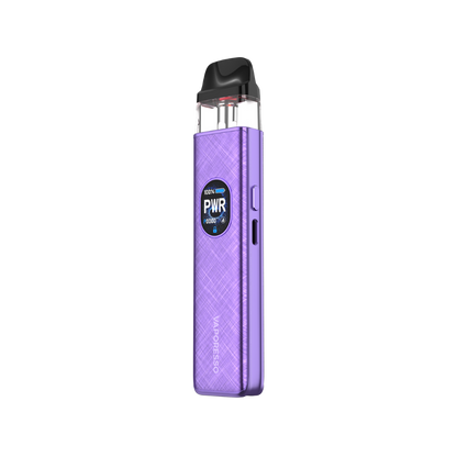 VAPORESSO XROS 5 in purple, showing PWR settings and battery life on screen, featuring modern vaping technology