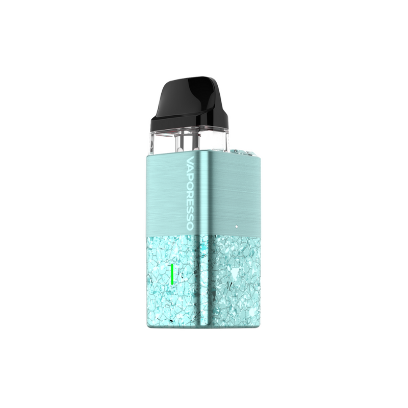 Vaporesso XROS Cube MTL vape device in teal with black mouthpiece, crystal like design and visible logo.