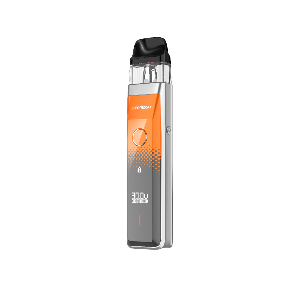 Vaporesso XROS Pro vape device in silver, orange, and gray, digital display showing 30W, RDL vaping experience