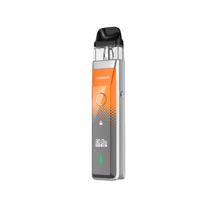 Vaporesso XROS Pro vape device in silver, orange, and gray, digital display showing 30W, RDL vaping experience