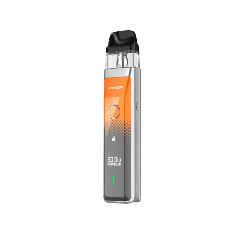 Vaporesso XROS Pro vape device in silver, orange, and gray, digital display showing 30W, RDL vaping experience