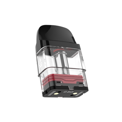 VAPORESSO XROS 0.8惟 pod. Black mouthpiece, clear tank with red accents, ideal for flavorful vaping experience.