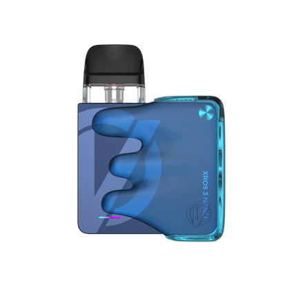VAPORESSO XROS 3 Nano in blue, compact vape device with clear accents. Features XROS 3 Nano branding.