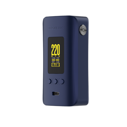 Vaporesso GEN 200 Mod in navy blue with a screen displaying 220W output, buttons and USB-C port for vaping.
