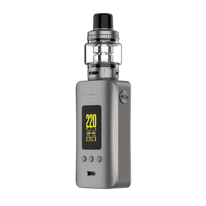 Vaporesso GEN 200 Kit in silver. Digital display shows 220W, featuring iTank, and GTi coil platform. High-performance vaping.