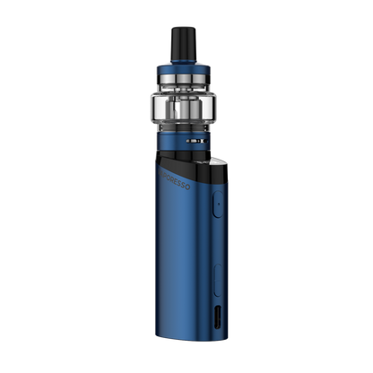VAPORESSO GEN Fit 40 vape mod in blue with iTank X, showing VAPORESSO logo and OLED screen, vaping device.