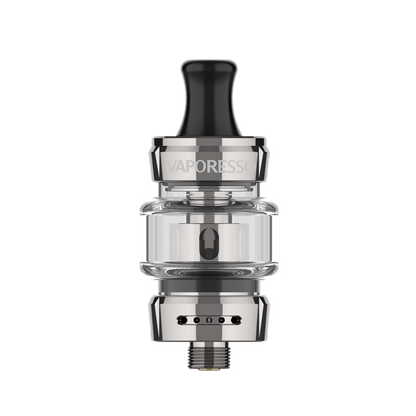 VAPORESSO GTX Tank 18 (3ml) sub-ohm tank in stainless steel with clear glass, black drip tip, and airflow control