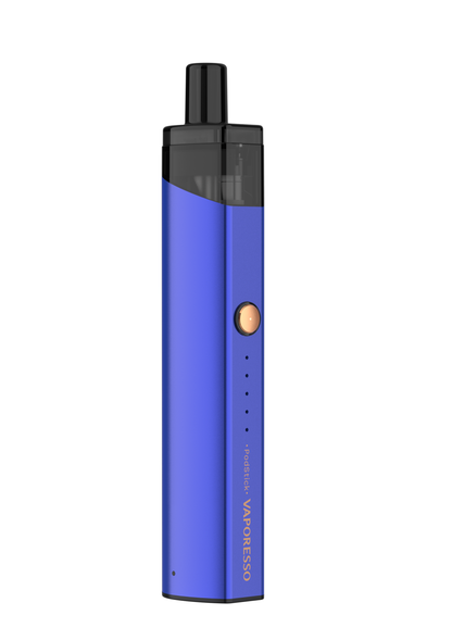 Vaporesso Podstick vape device in blue with gold accents. Pod system vape.