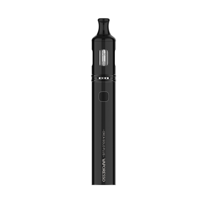 VAPORESSO ORCA SOLO PLUS vape device in black, featuring a clear tank and a button
